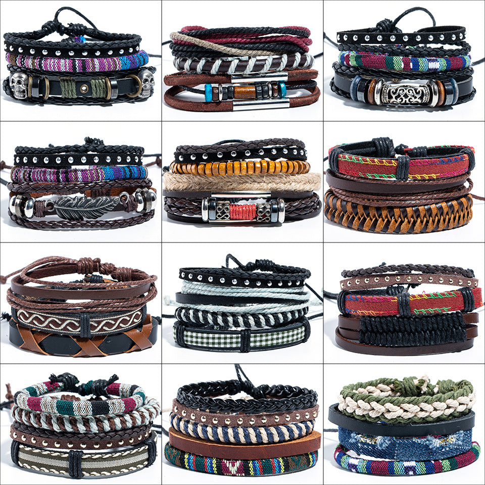 Retro Multi-layer Braided Leather Beaded Bracelet Set for Men
