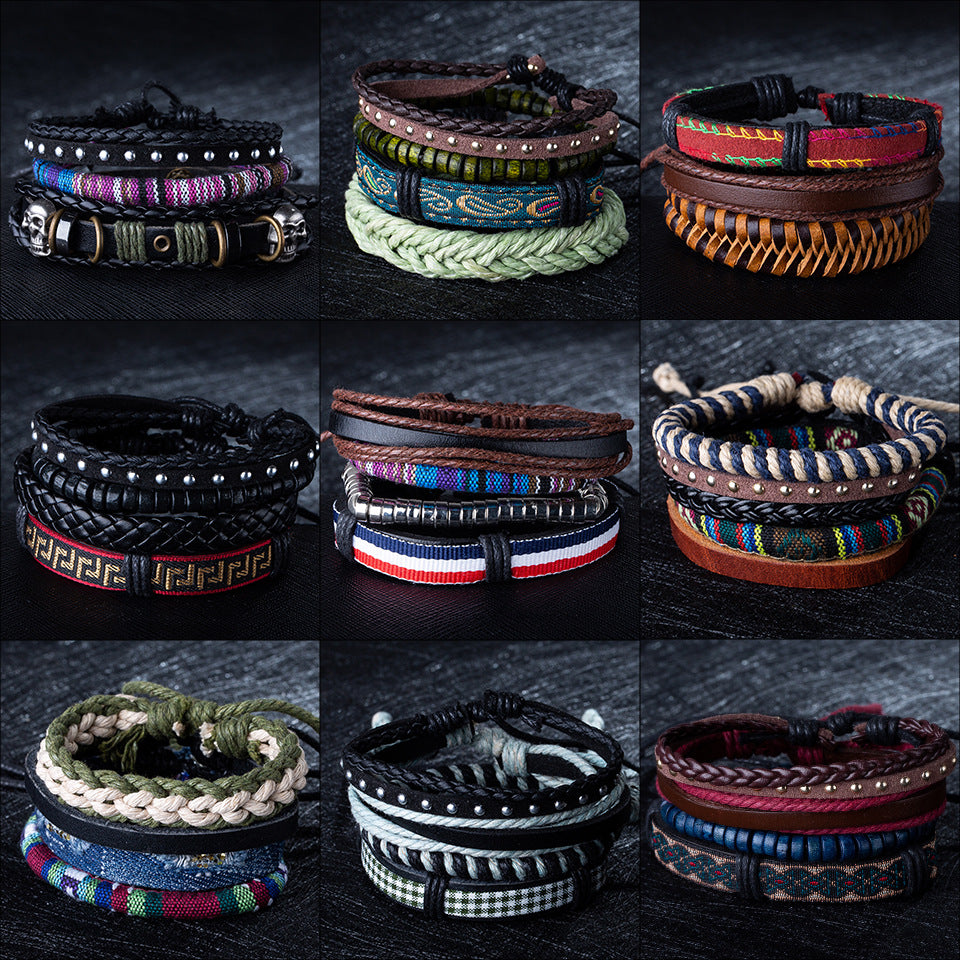 Retro Multi-layer Braided Leather Beaded Bracelet Set for Men