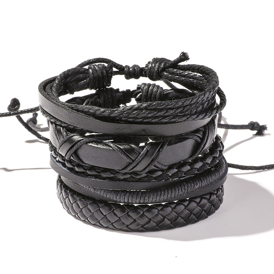 Retro Leather Multi-Layer Braided Bracelet Set - Five Piece Collection