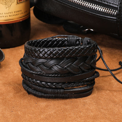 Retro Leather Multi-Layer Braided Bracelet Set - Five Piece Collection