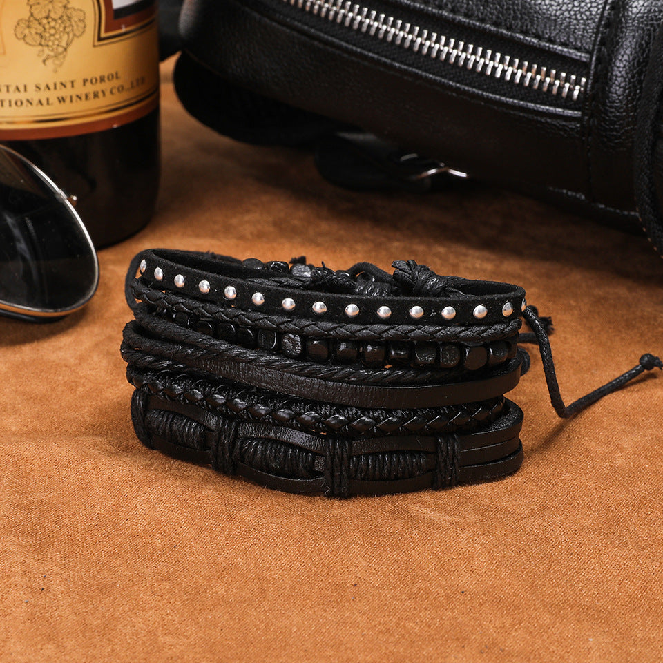 Retro Leather Multi-Layer Braided Bracelet Set - Five Piece Collection