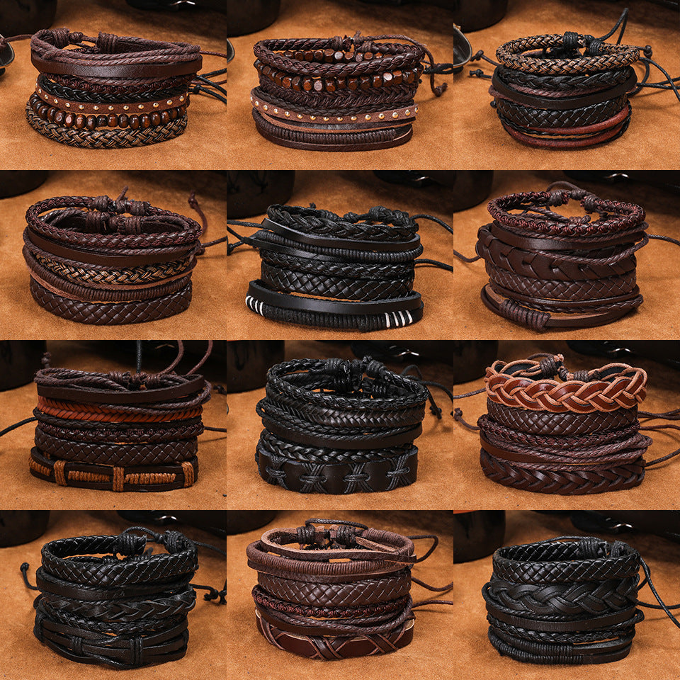 Retro Leather Multi-Layer Braided Bracelet Set - Five Piece Collection