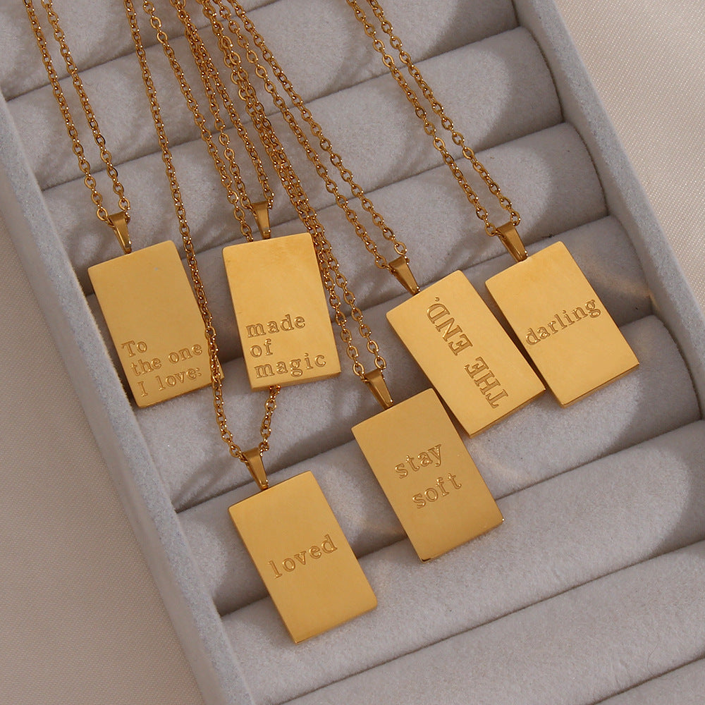 Retro Square Letter Pendant 18k Gold Plated Stainless Steel Necklace