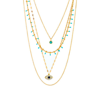Retro Modern Titanium Steel Turquoise Zircon Layered Necklace