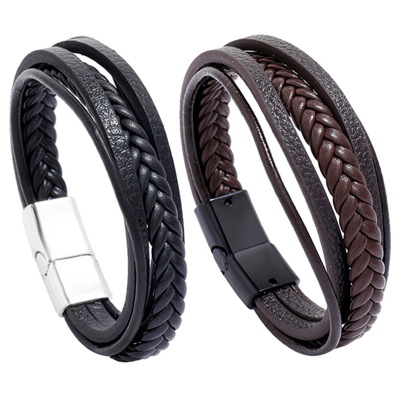 Retro Multilayer Leather Bracelet with Magnetic Buckle for Men
