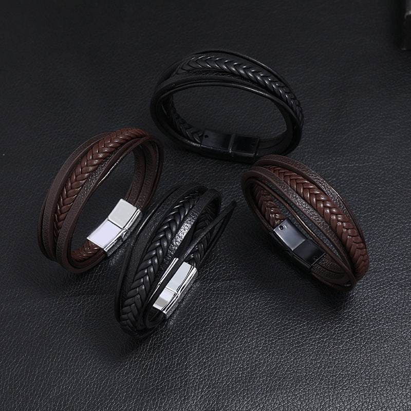 Retro Multilayer Leather Bracelet with Magnetic Buckle for Men