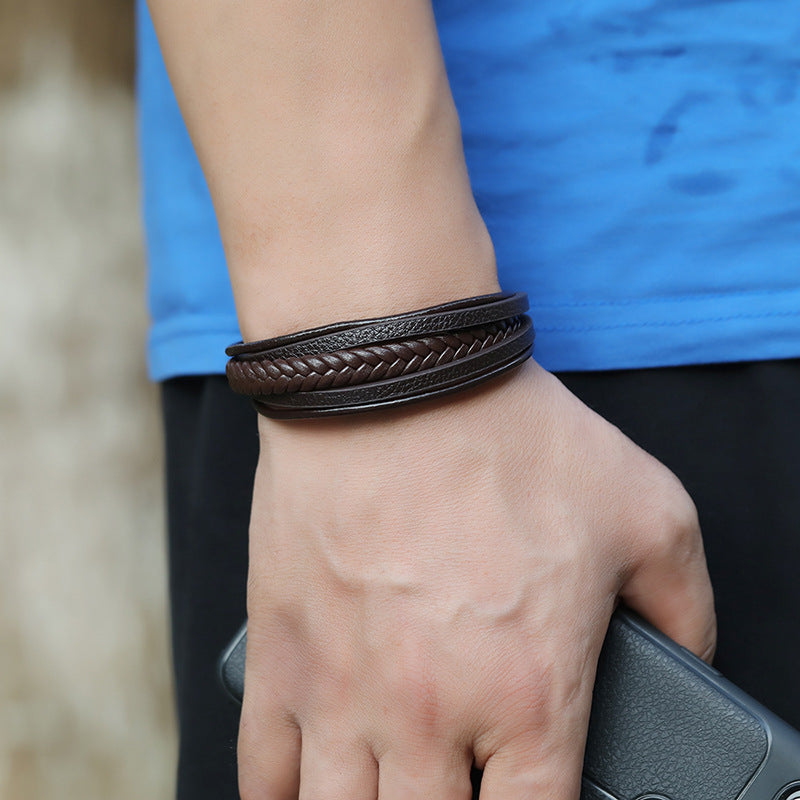 Retro Multilayer Leather Bracelet with Magnetic Buckle for Men