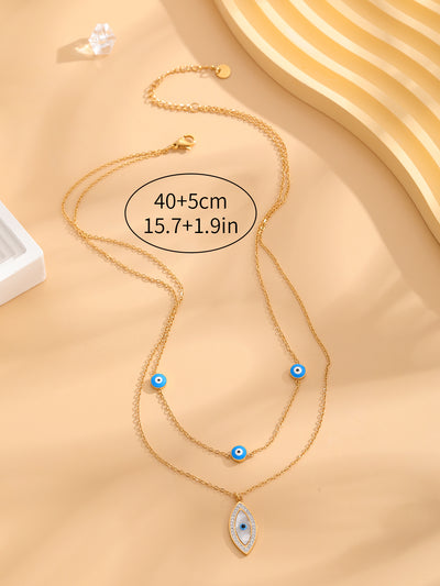 Retro Blue Evil Eye Butterfly Shell Zircon Titanium Steel Pendant Necklace