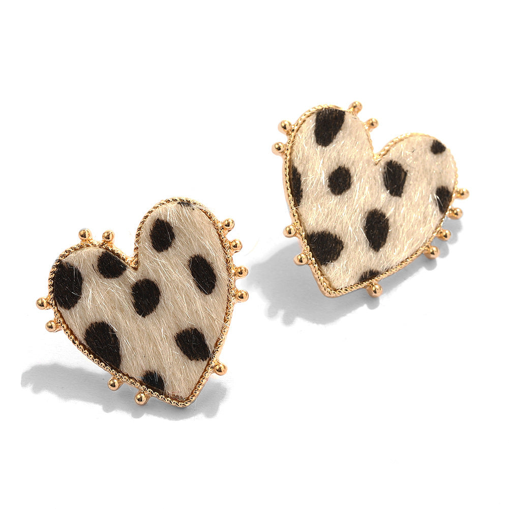 Retro Geometric Peach Heart Leopard Fabric Earrings