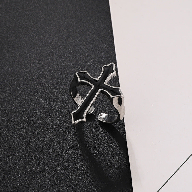 Retro Punk Gothic Black Cross Adjustable Alloy Ring for Men