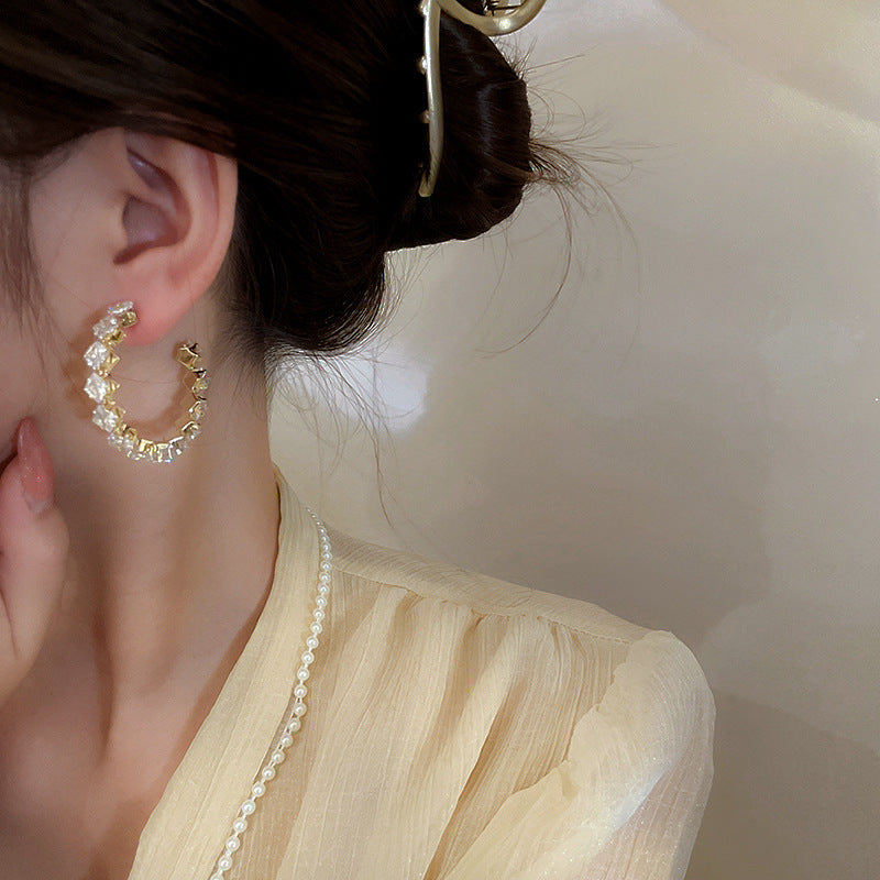 Retro Rhinestone Geometric Hoop Earrings 925 Silver Needle Luxury Statement Jewelry