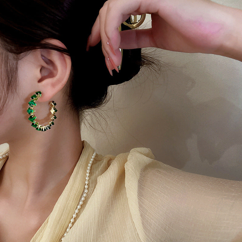 Retro Rhinestone Geometric Hoop Earrings 925 Silver Needle Luxury Statement Jewelry