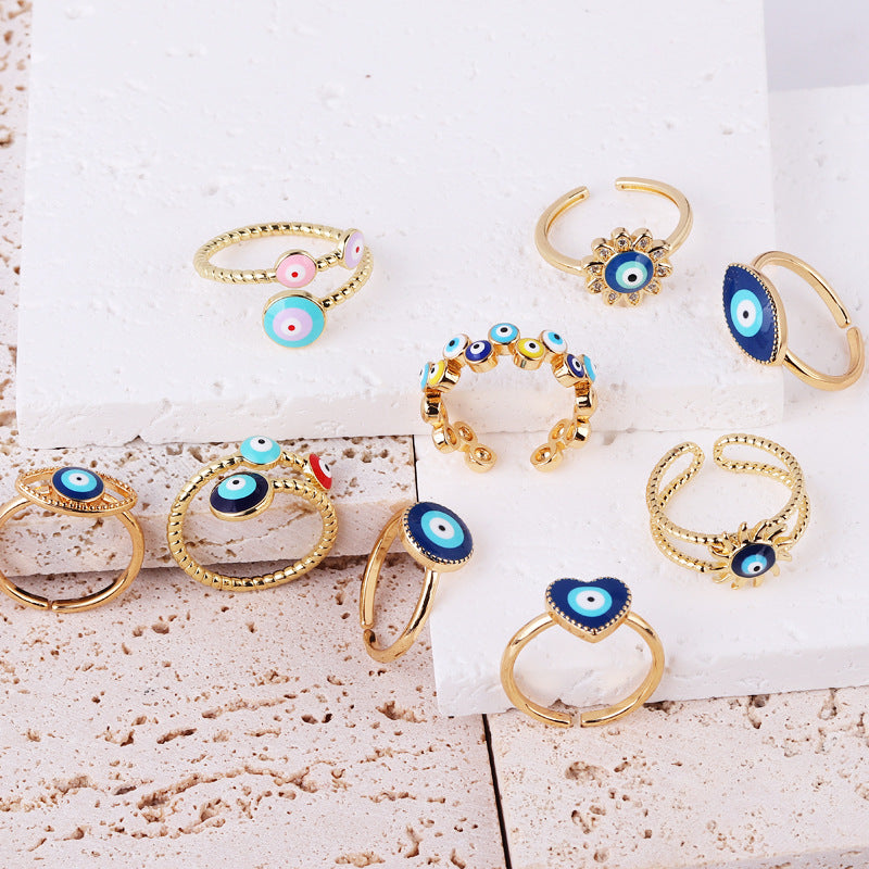 Retro Heart Shape Devil's Eye Enamel Copper Ring