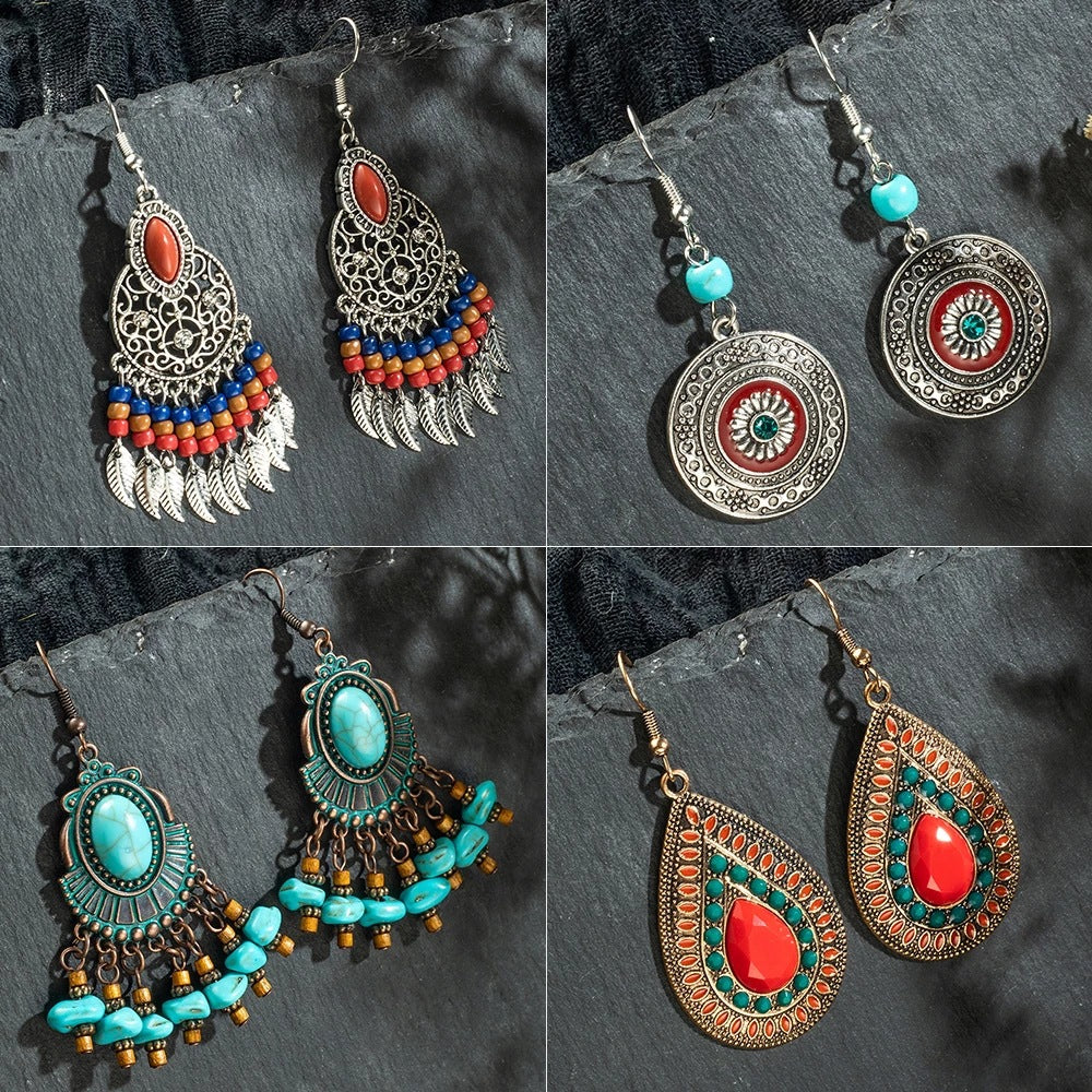 Retro Bohemian Oval Turquoise Tassel Alloy Earrings