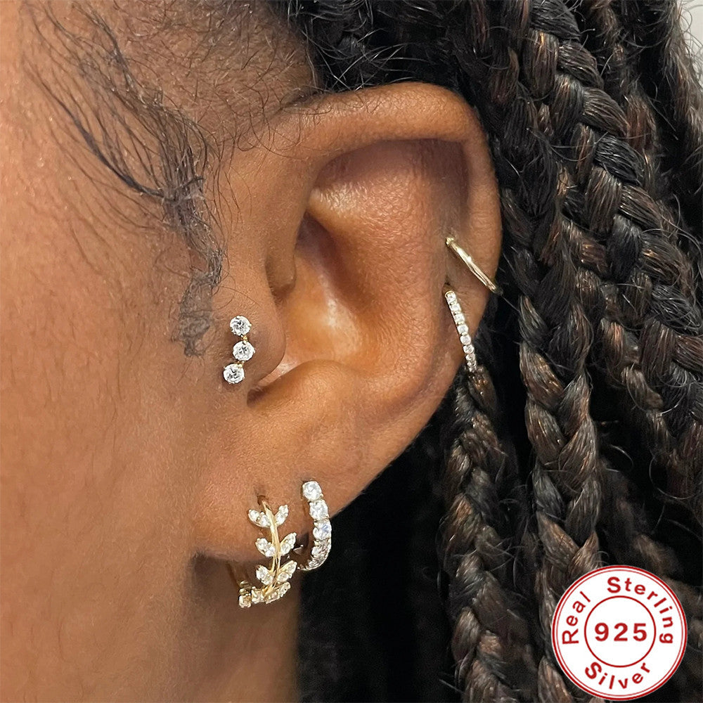 Retro Sterling Silver Zircon Inlay Hoop Earrings