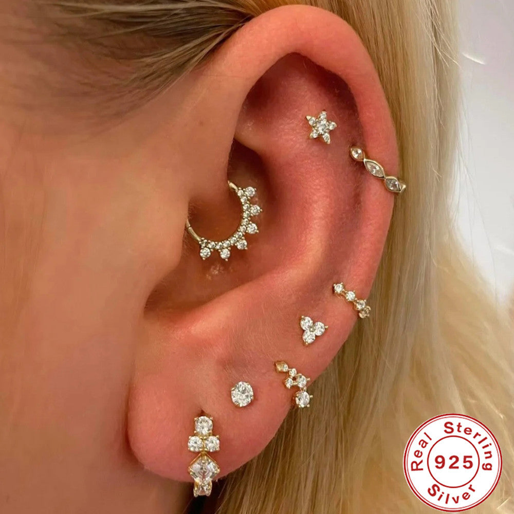Retro Sterling Silver Zircon Inlay Hoop Earrings