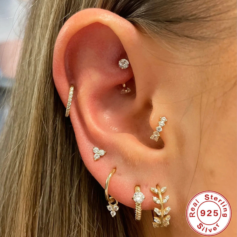 Retro Sterling Silver Zircon Inlay Hoop Earrings