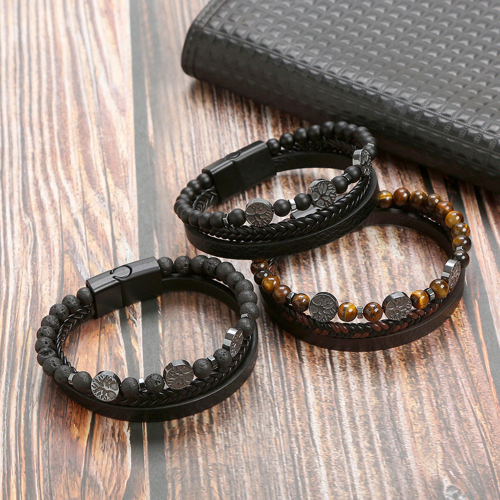 Retro Round Stainless Steel Natural Stone Skull Beaded Men's Bracelet with Volcanic Rock Magnetic Clasp
