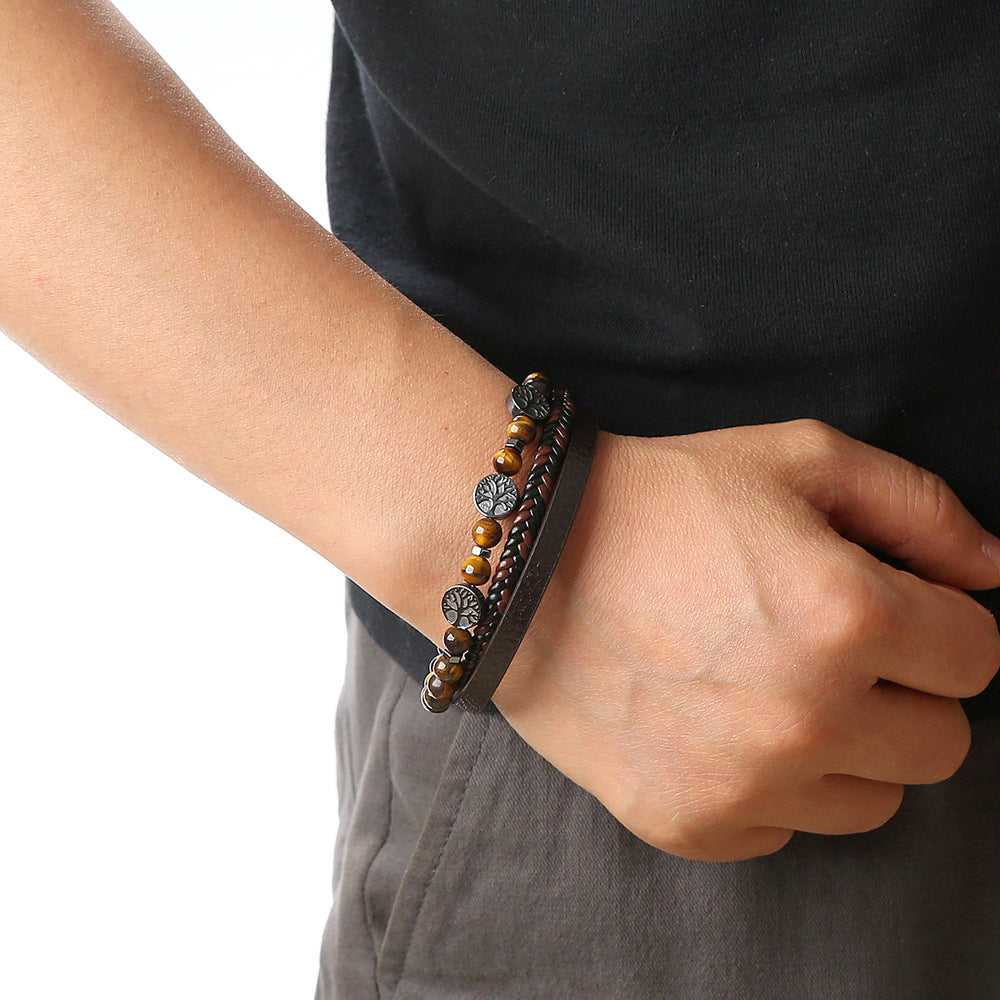 Retro Round Stainless Steel Natural Stone Skull Beaded Men's Bracelet with Volcanic Rock Magnetic Clasp