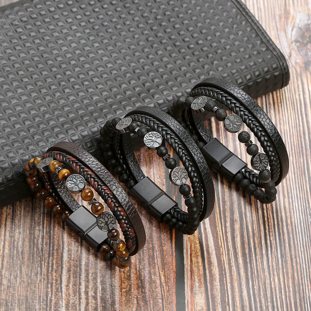 Retro Round Stainless Steel Natural Stone Skull Beaded Men's Bracelet with Volcanic Rock Magnetic Clasp