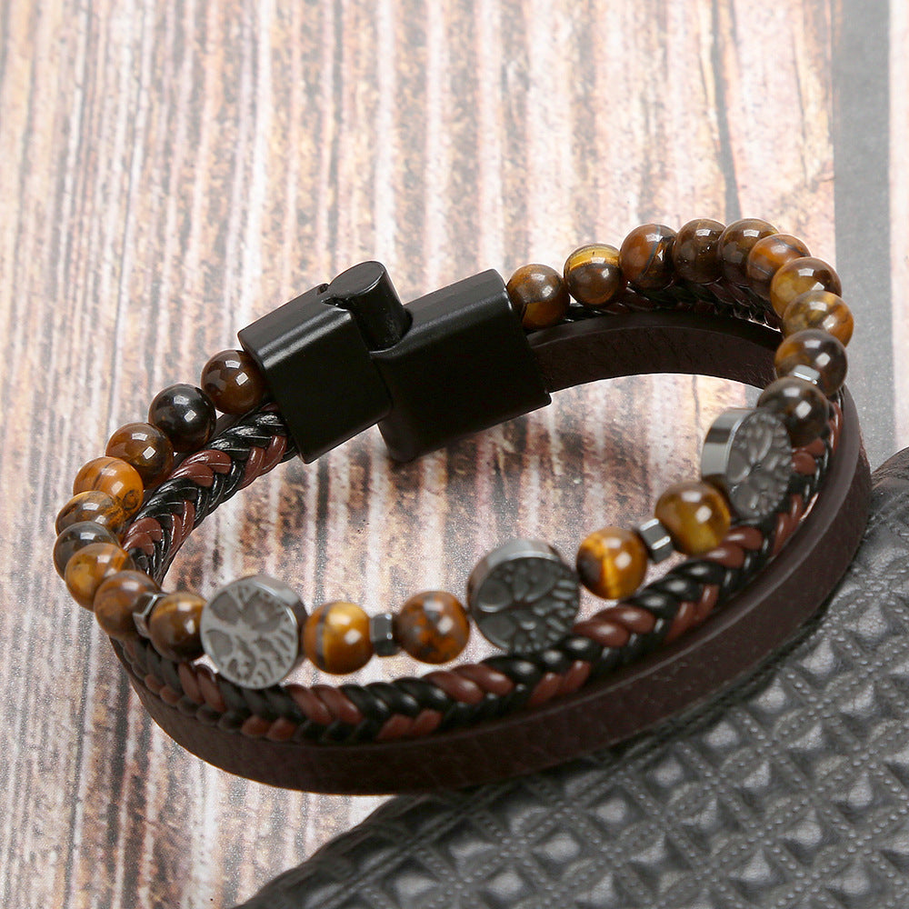 Retro Round Stainless Steel Natural Stone Skull Beaded Men's Bracelet with Volcanic Rock Magnetic Clasp