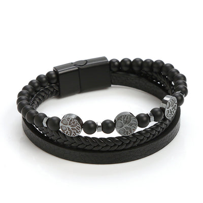 Retro Round Stainless Steel Natural Stone Skull Beaded Men's Bracelet with Volcanic Rock Magnetic Clasp