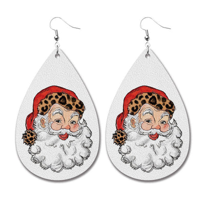 Retro Santa Claus Cattle Plaid Leopard PU Leather Water Drop Christmas Earrings for Women