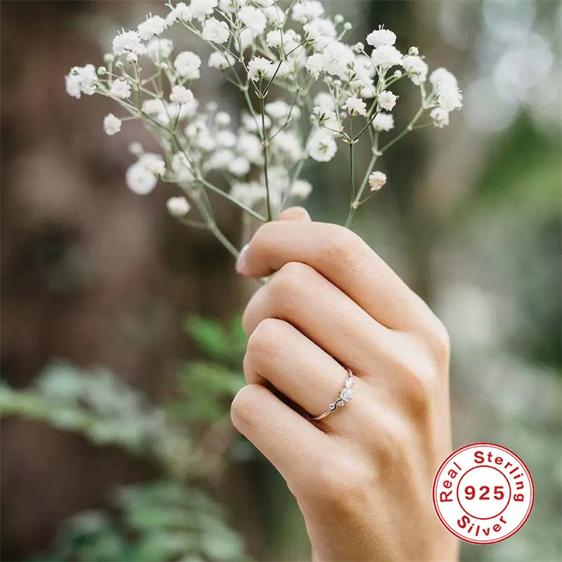 Retro Square Oval Butterfly Sterling Silver Zircon Ring with Mini Floral Bouquet Design