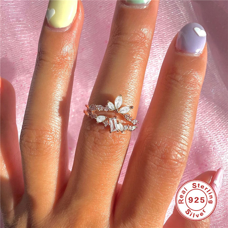Retro Square Oval Butterfly Sterling Silver Zircon Ring with Mini Floral Bouquet Design