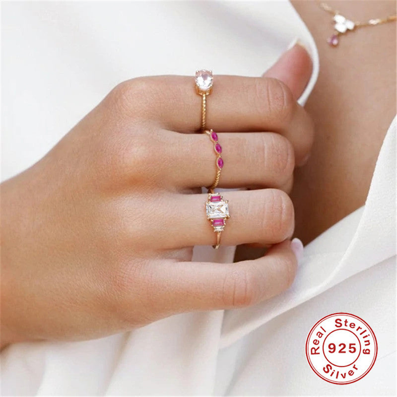 Retro Square Oval Butterfly Sterling Silver Zircon Ring with Mini Floral Bouquet Design