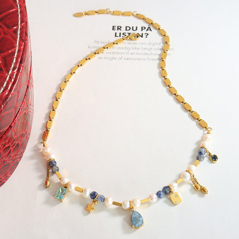 Retro Square Natural Stone Pearl Titanium Steel Glass Crystal Necklace