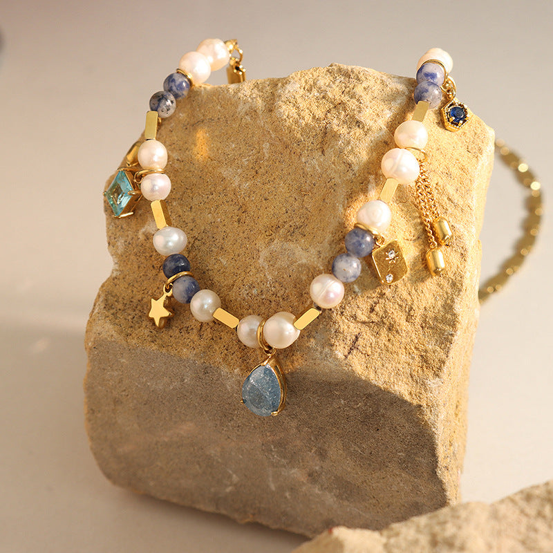 Retro Square Natural Stone Pearl Titanium Steel Glass Crystal Necklace