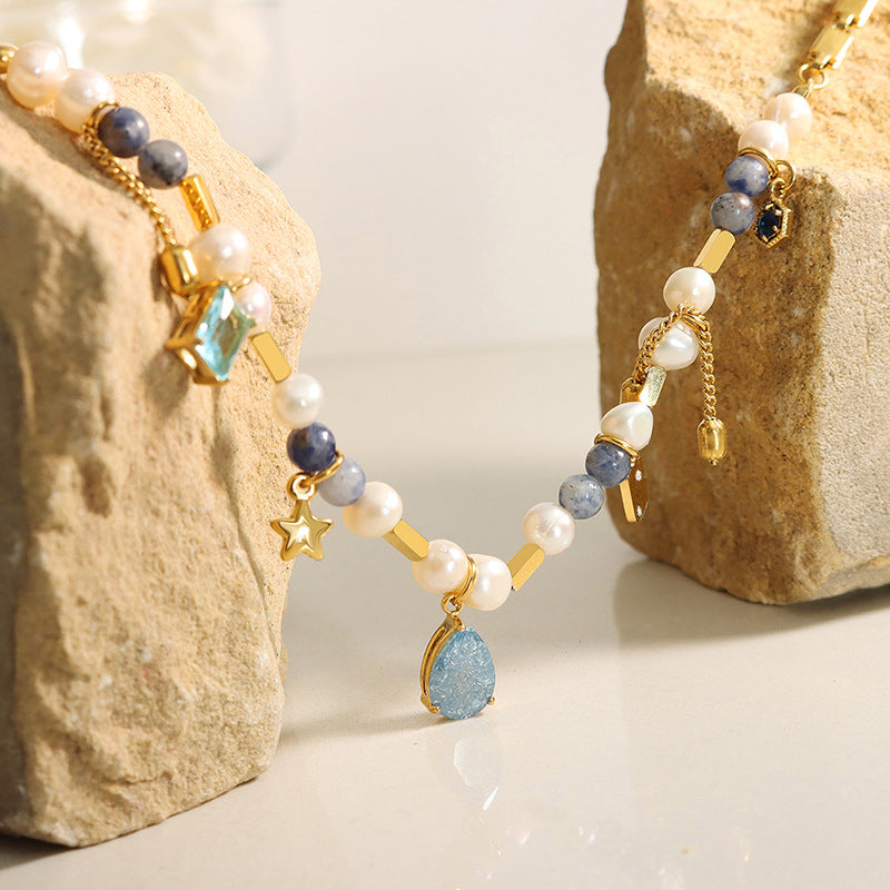 Retro Square Natural Stone Pearl Titanium Steel Glass Crystal Necklace