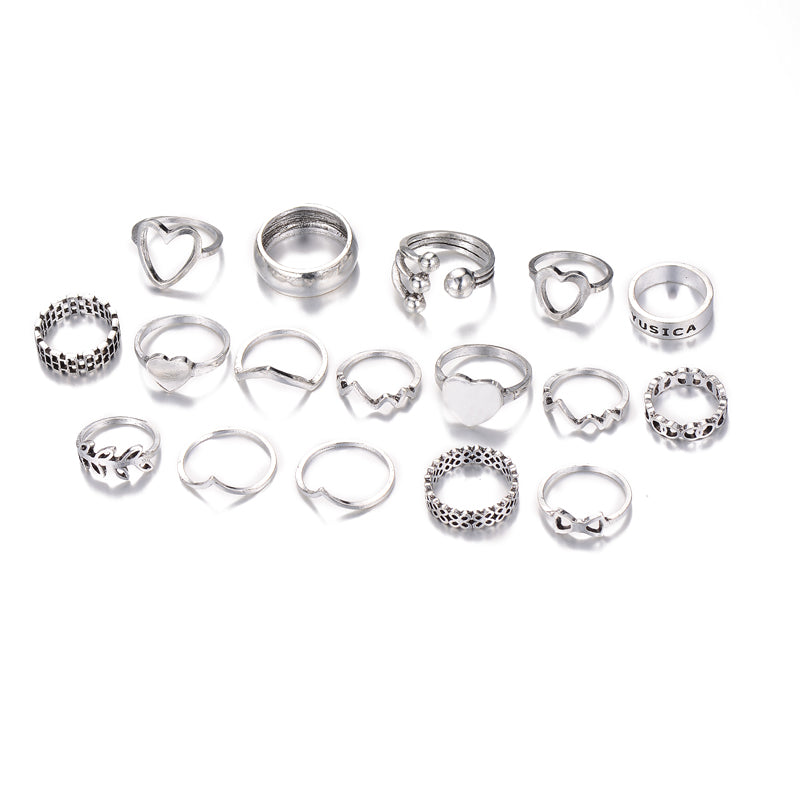 Retro Fashion Heart and Leaf Ring Set - 17 Piece Jewelry Collection