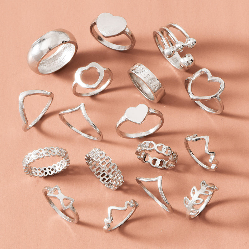 Retro Fashion Heart and Leaf Ring Set - 17 Piece Jewelry Collection