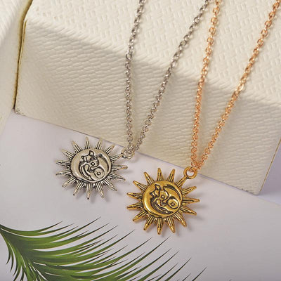 Retro Gold Sun and Moon Layered Pendant Necklace