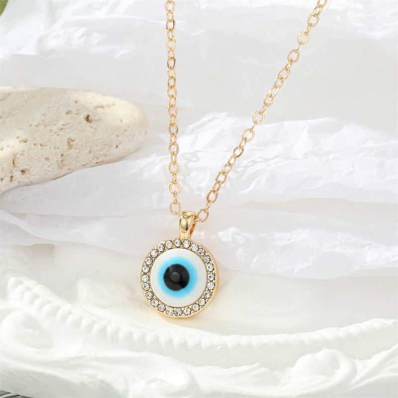 Retro Turkish Eye Pendant Necklace with Rhinestone Accents