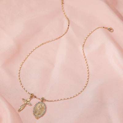 Retro Virgin Mary Crucifix Heart Pendant Layered Necklace