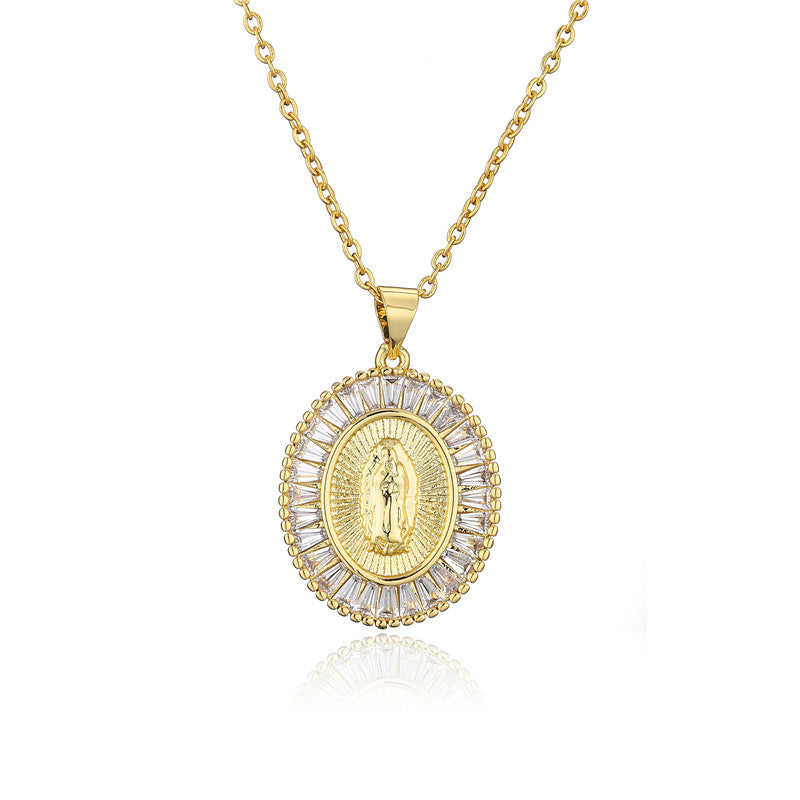 Retro Virgin Mary Oval Pendant Necklace with Gold Plated Copper and Cubic Zirconia