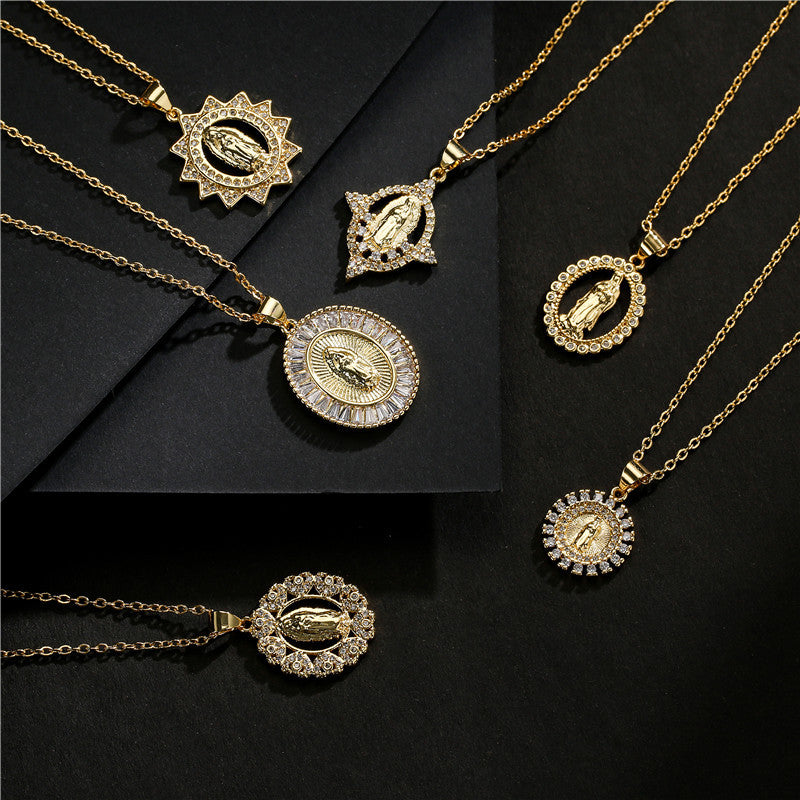 Retro Virgin Mary Oval Pendant Necklace with Gold Plated Copper and Cubic Zirconia