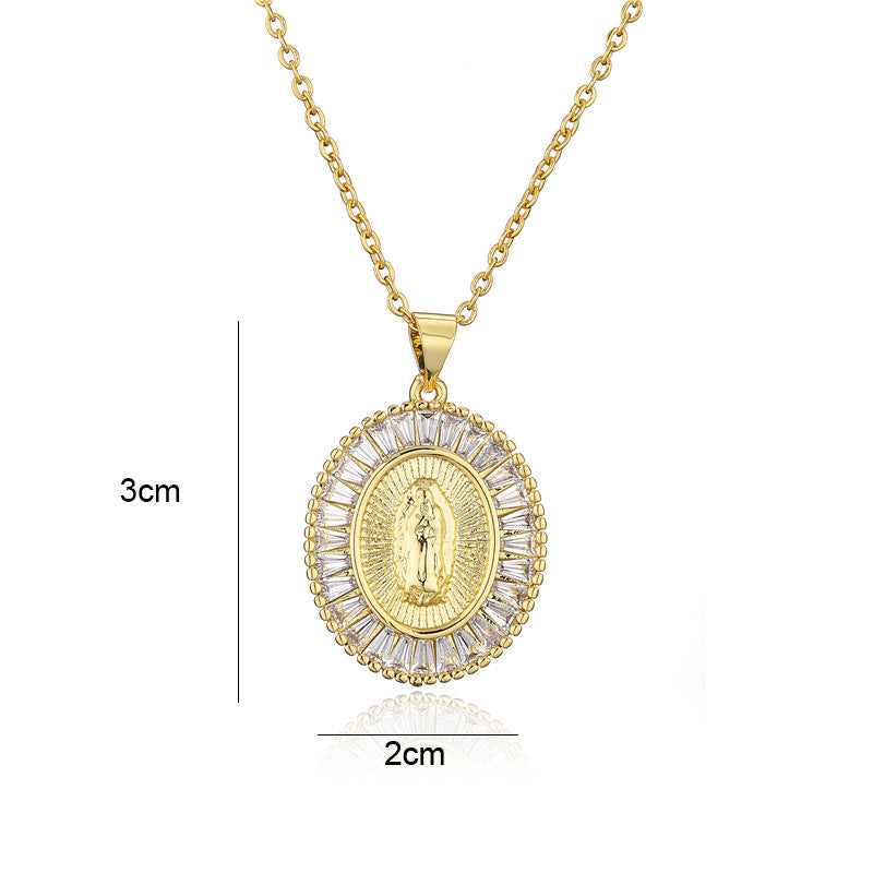 Retro Virgin Mary Oval Pendant Necklace with Gold Plated Copper and Cubic Zirconia