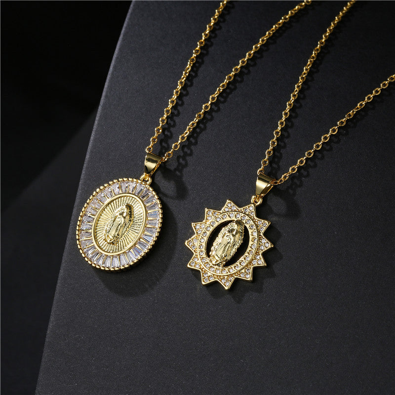 Retro Virgin Mary Oval Pendant Necklace with Gold Plated Copper and Cubic Zirconia
