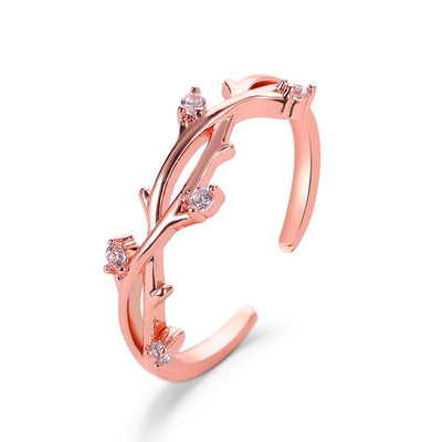 Adjustable Creative Cross Branch and Leaf Ring with Diamond Accents