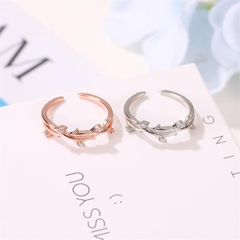 Adjustable Creative Cross Branch and Leaf Ring with Diamond Accents