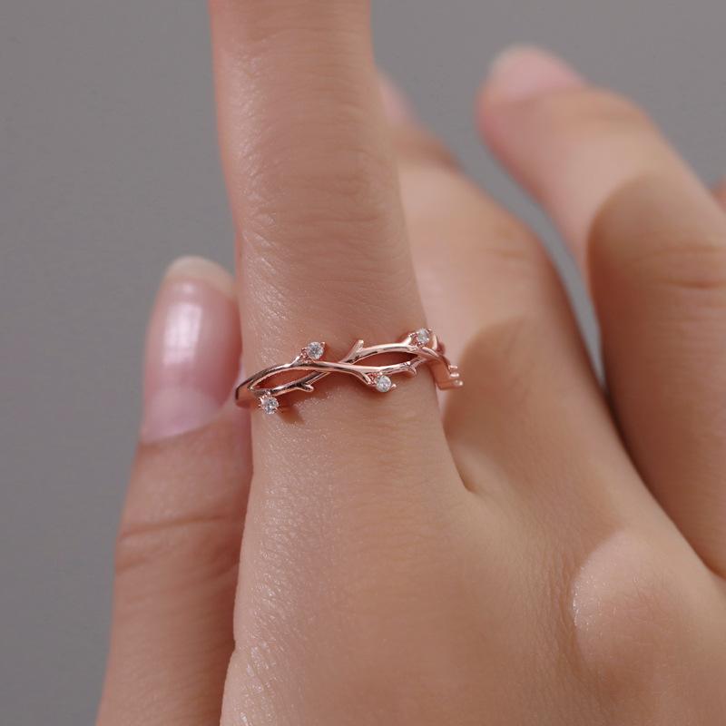 Adjustable Creative Cross Branch and Leaf Ring with Diamond Accents