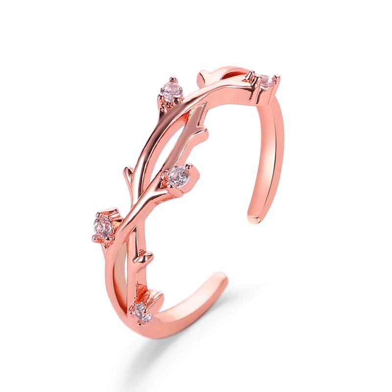 Adjustable Creative Cross Branch and Leaf Ring with Diamond Accents