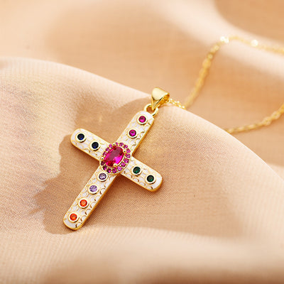 Roman Cross Zircon Inlay Enamel Pendant Necklace