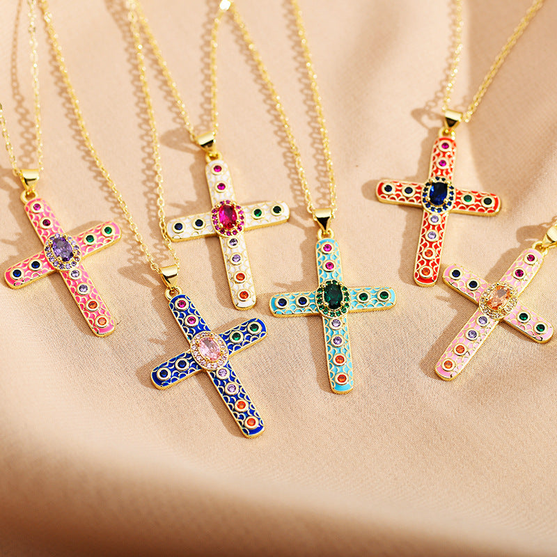 Roman Cross Zircon Inlay Enamel Pendant Necklace