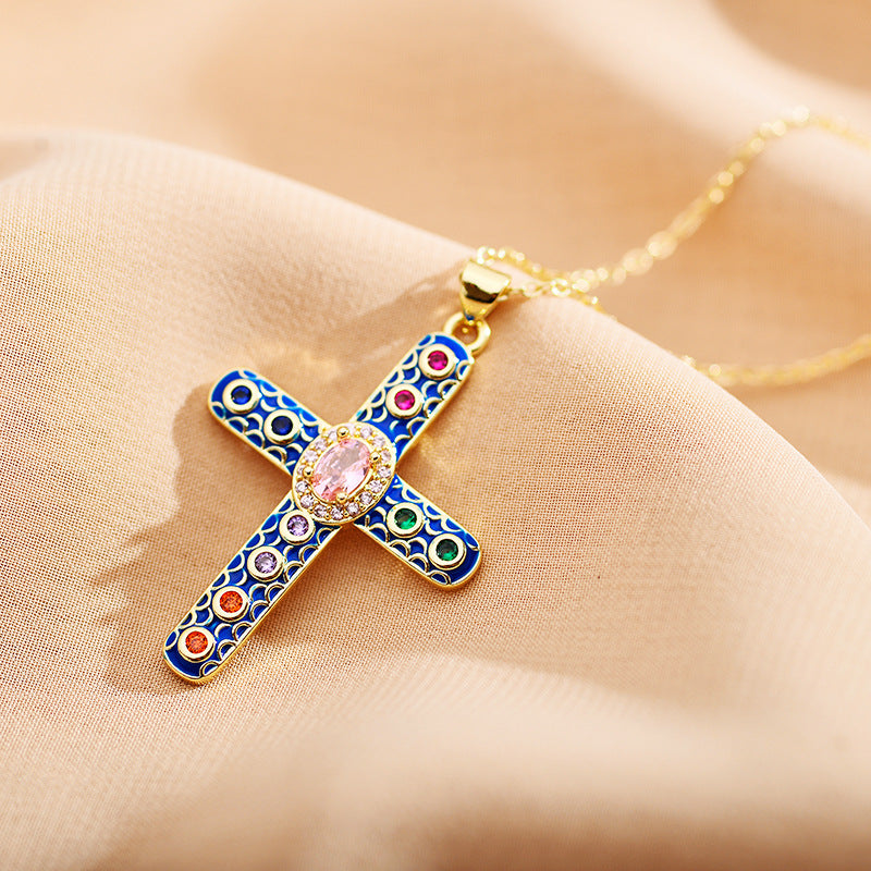 Roman Cross Zircon Inlay Enamel Pendant Necklace
