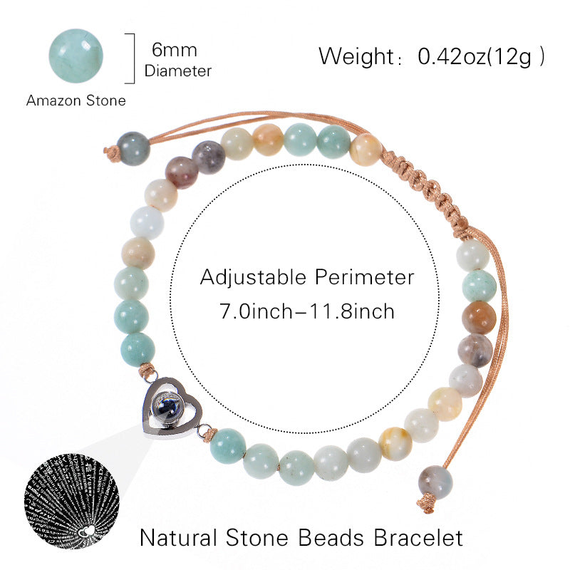 Romantic Heart Shape Natural Stone Projection Bracelets with Pink Crystal Beads